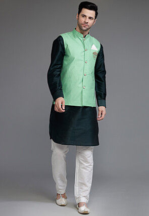 Woven Art Silk Kurta Set in Dark Green and Sea Green