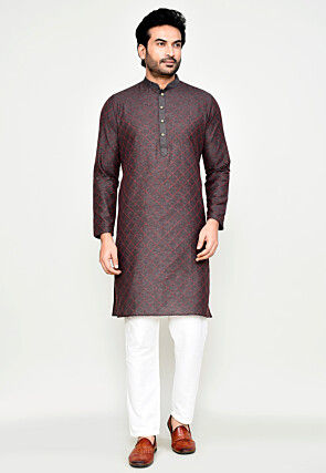 Woven Art Silk Kurta Set in Dark Grey