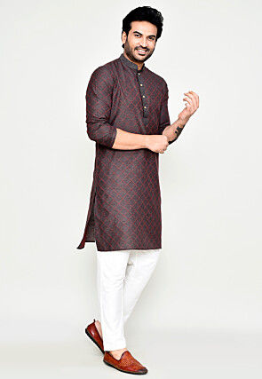 Woven Art Silk Kurta Set in Dark Grey