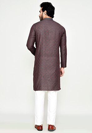 Woven Art Silk Kurta Set in Dark Grey