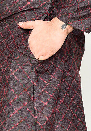 Woven Art Silk Kurta Set in Dark Grey