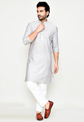 Woven Art Silk Kurta Set in Grey