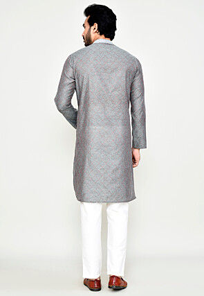 Woven Art Silk Kurta Set in Grey