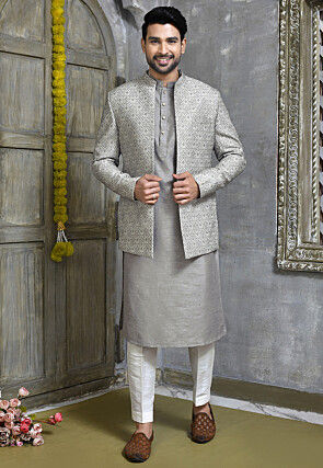 Woven Art Silk Kurta Set in Grey