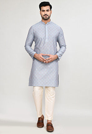 Woven Art Silk Kurta Set in Light Grey
