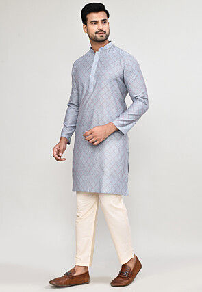 Woven Art Silk Kurta Set in Light Grey