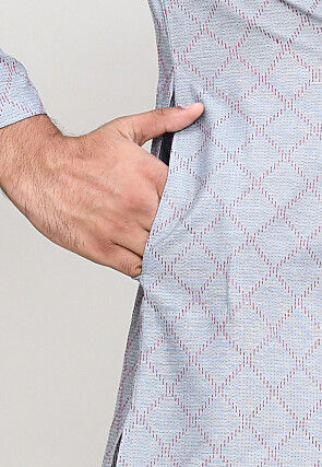 Woven Art Silk Kurta Set in Light Grey