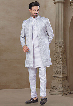 Woven Art Silk Kurta Set in Light Purple
