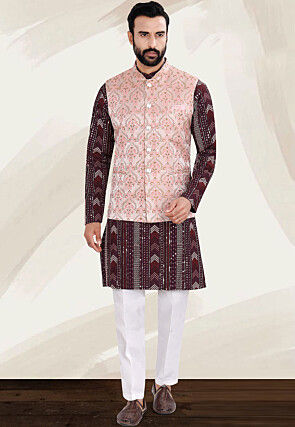 Woven Art Silk Kurta Set in Maroon and Peach