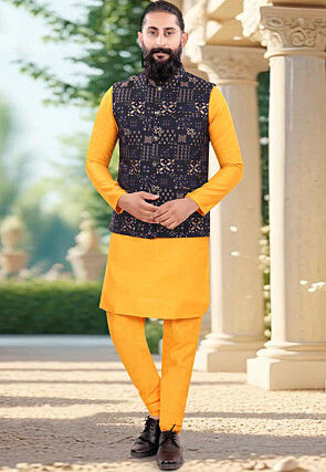 Woven Art Silk Kurta Set in Mustard and Navy Blue