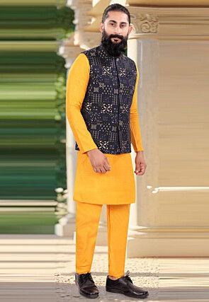 Woven Art Silk Kurta Set in Mustard and Navy Blue