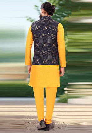 Woven Art Silk Kurta Set in Mustard and Navy Blue