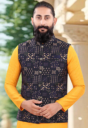 Woven Art Silk Kurta Set in Mustard and Navy Blue