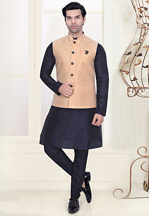 Woven Art Silk Kurta Set in Navy Blue and Peach