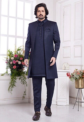 Woven Art Silk Kurta Set in Navy Blue