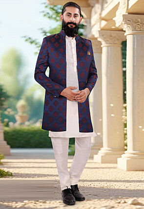 Woven Art Silk Kurta Set in Off White and Navy Blue