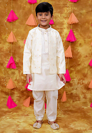 Woven Art Silk Kurta Set in Off White