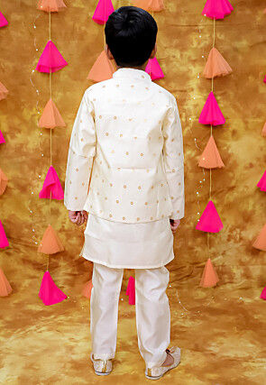 Woven Art Silk Kurta Set in Off White