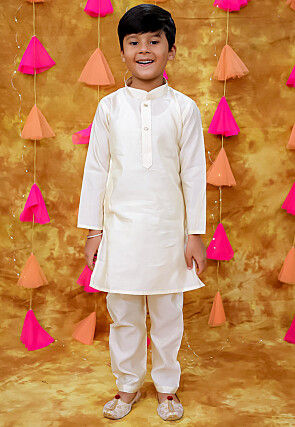 Woven Art Silk Kurta Set in Off White
