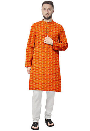 Woven Art Silk Kurta Set in Orange