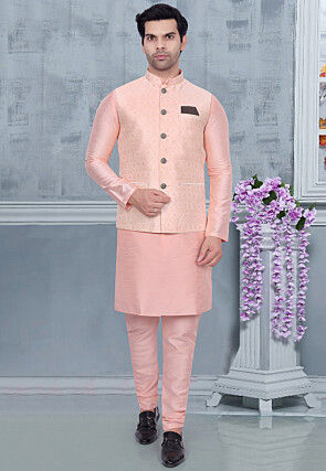 Woven Art Silk Kurta Set in Peach