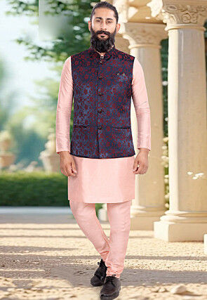 Woven Art Silk Kurta Set in Peach and Navy Blue