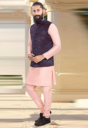 Woven Art Silk Kurta Set in Peach and Navy Blue