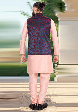 Woven Art Silk Kurta Set in Peach and Navy Blue