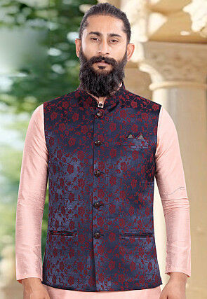 Woven Art Silk Kurta Set in Peach and Navy Blue
