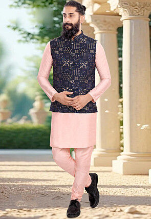 Woven Art Silk Kurta Set in Peach and Navy Blue