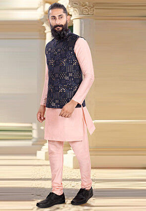 Woven Art Silk Kurta Set in Peach and Navy Blue