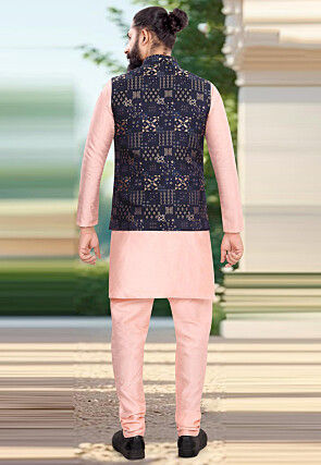 Woven Art Silk Kurta Set in Peach and Navy Blue