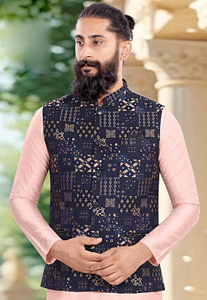 Woven Art Silk Kurta Set in Peach and Navy Blue