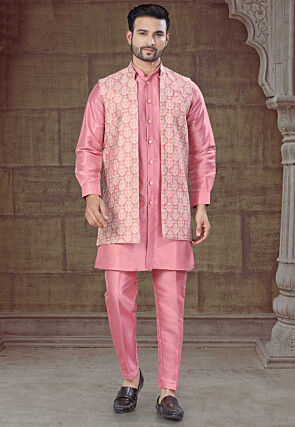 Woven Art Silk Kurta Set in Pink