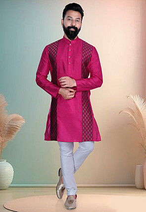 Woven Art Silk Kurta Set in Pink