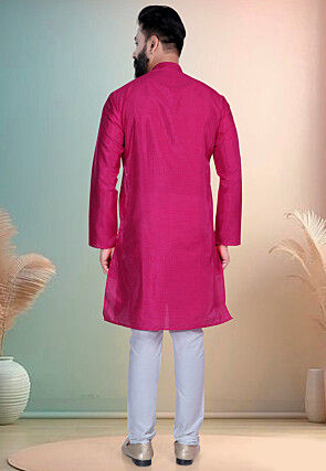 Woven Art Silk Kurta Set in Pink