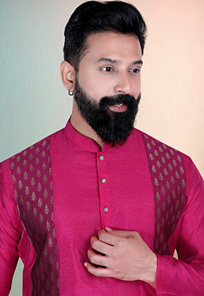 Woven Art Silk Kurta Set in Pink