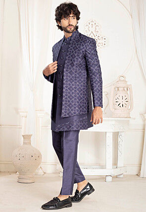 Woven Art Silk Kurta Set in Purple