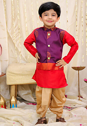 Woven Art Silk Kurta Set in Red and Violet