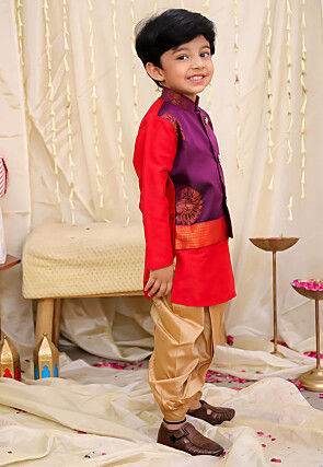 Woven Art Silk Kurta Set in Red and Violet