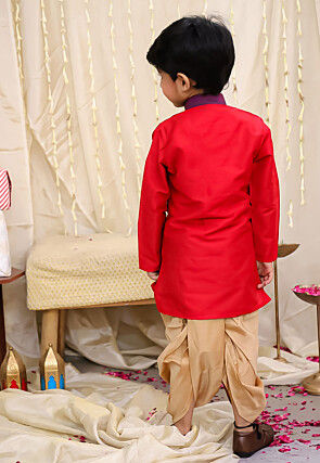 Woven Art Silk Kurta Set in Red and Violet