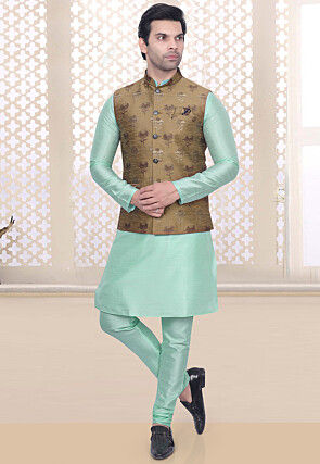 Woven Art Silk Kurta Set in Sea Green and Beige