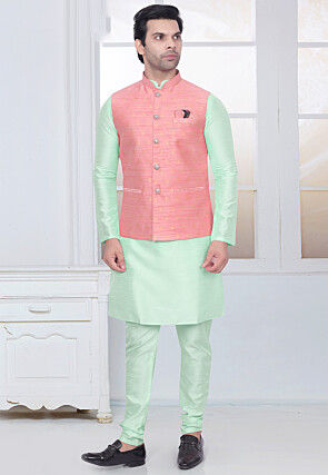 Woven Art Silk Kurta Set in Sea Green and Pink