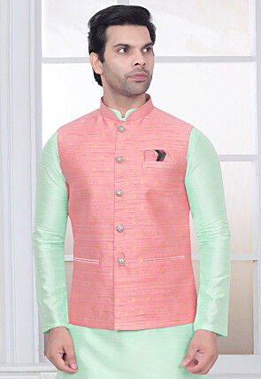 Woven Art Silk Kurta Set in Sea Green and Pink
