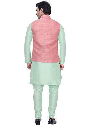 Woven Art Silk Kurta Set in Sea Green and Pink
