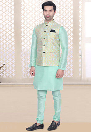 Woven Art Silk Kurta Set in Sea Green
