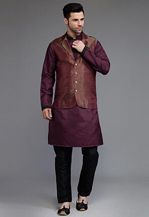 Woven Art Silk Kurta Set in Wine