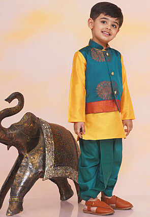 Woven Art Silk Kurta Set in Yellow and Teal Blue