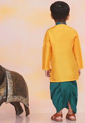 Woven Art Silk Kurta Set in Yellow and Teal Blue