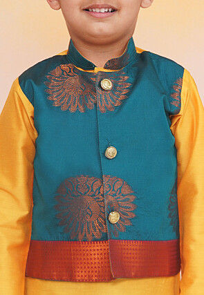 Woven Art Silk Kurta Set in Yellow and Teal Blue